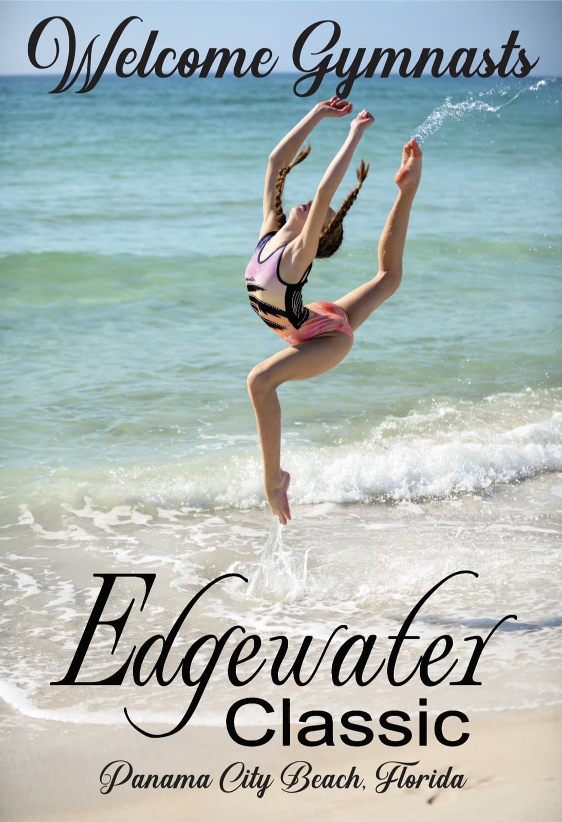 Edgewater Classic poster: Welcome Gymnasts — a gymnast leaping in the surf, Panama City Beach, Florida