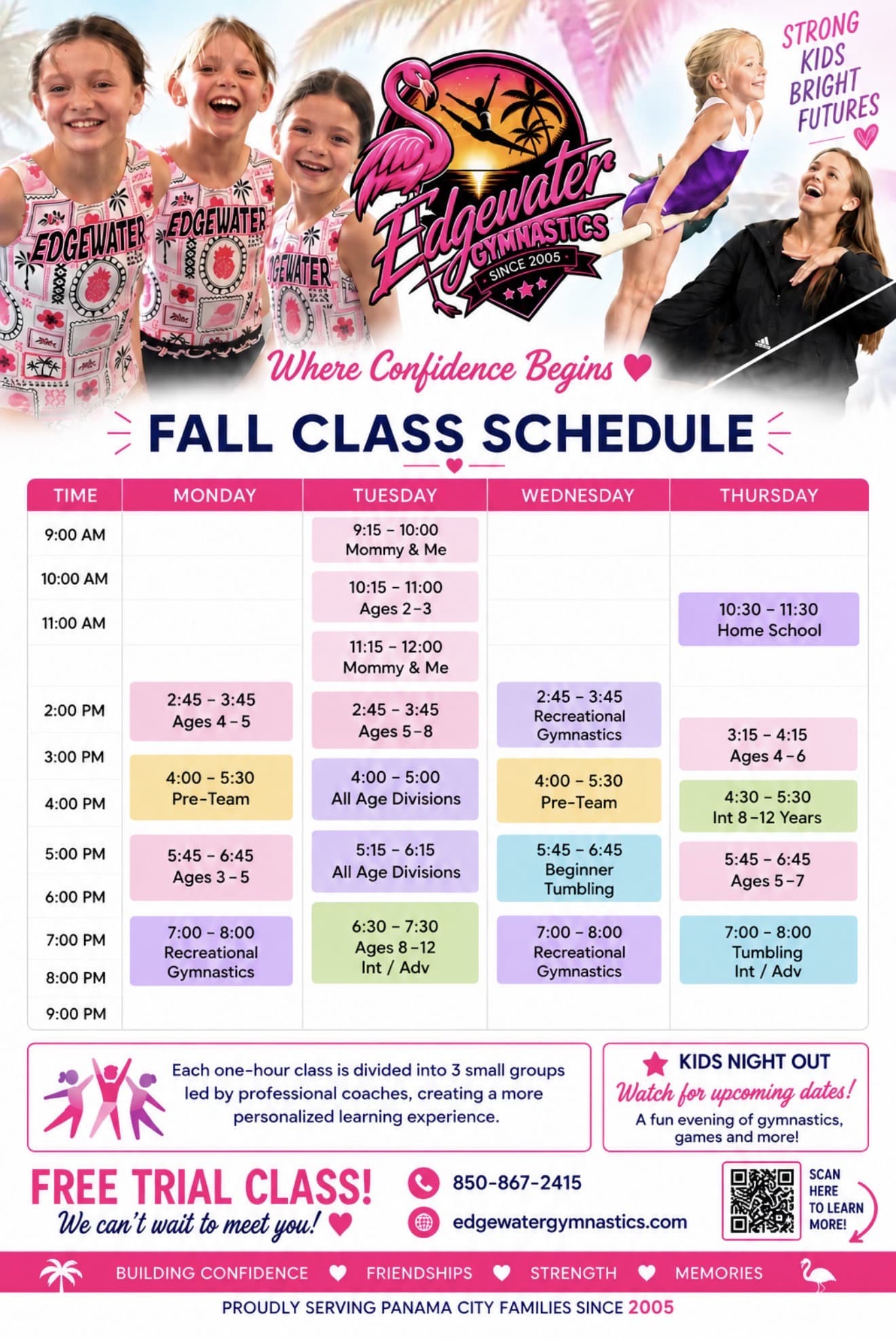Edgewater Gymnastics fall class schedule — a weekly grid of every class from Monday through Thursday, 9:15 in the morning through 8:00 at night, covering Mommy & Me, Preschool, Home School, Recreational, Pre-Team, All Age Divisions, Tumbling, and Intermediate/Advanced, plus Kids Night Out evenings with dates announced soon.