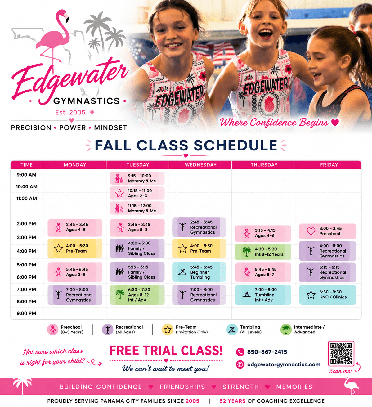 Edgewater Gymnastics fall class schedule — a weekly grid of every class from Monday through Friday, 9:15 in the morning through 9:30 at night, covering Preschool, Recreational, Pre-Team, Tumbling, and Intermediate/Advanced.